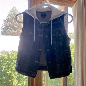 Denim vest with sweater hood